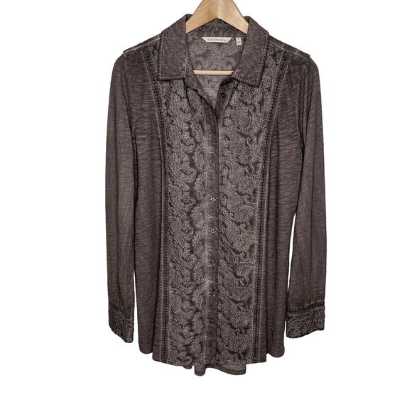 Soft Surroundings Womens Long Sleeve Button Up Shirt M Brown Floral Embroidery - Picture 1 of 8